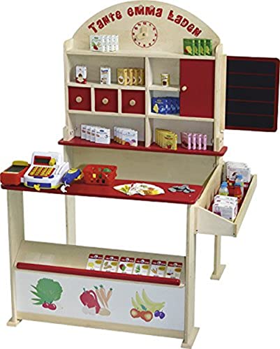 roba Negozio Giocattolo per Bambini Accessori Inclusi con Bancone, 3 Cassetti, Lavagna, Orologio, Bancone Laterale Gioco Olistico Legno Naturale e Laccato Rosso