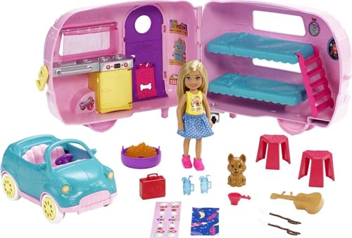 Barbie il Camper di Chelsea, Playset con Bambola, Veicolo, Roulotte e Tanti Accessori, Giocattolo per Bambini 3 + Anni,