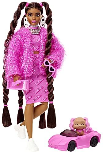 Barbie Extra Bambola con Completo da 2 Pezzi Rosa e Giacca Scintillante, Cagnolino, Capelli Lunghi e Accessori, Articolazioni Snodate, Giocattolo per Bambini 3+ Anni,