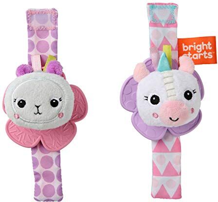 Bright Starts , sonaglino e massaggiagengive, giocattolo da polso per bambini senza BPA, unicorno e lama, età neonato+