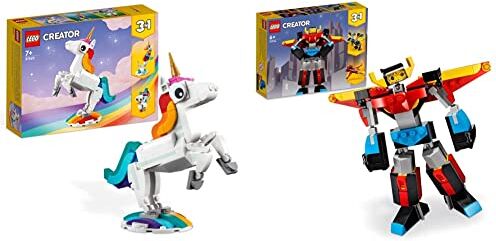 Lego 31140 Creator Unicorno Magico con Arcobaleno, Set 3 in 1 con Fantastici Animali Giocattolo & 31124 Creator 3 in 1 Super Robot, Set di Costruzioni in Mattoncini