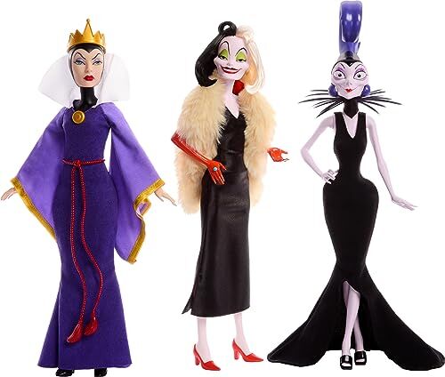 Mattel Disney Princess Cattive Disney da collezione, confezione da 3 con Regina Cattiva, Crudelia Demon e Yzma, look ispirati ai film Disney, giocattolo per bambini, 4+ anni,