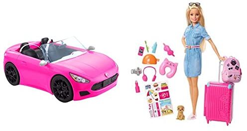 Barbie Cabrio Veicolo Decapottabile Rosa a Due Posti con Ruote Funzionanti HBT92 & Set da Viaggio Bambola con Valigia Apribile e Cucciolo Abito di Jeans Bambini 3+ Anni