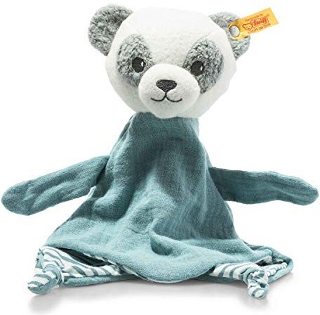 Steiff Asciugamano GOTS Panda Paco, simpatico peluche con nome, ragazzo, ragazza e bambini a partire da 0 mesi, blu, 26 cm,