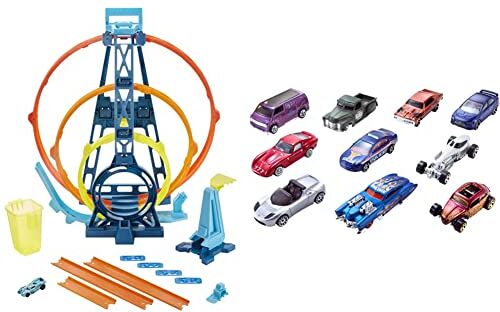 Hot Wheels - Track Builder, Playset Pista Triplo Loop, con Macchinina, Giocattolo per Bambini 4+ Anni, GYP65, Imballaggio Sostenibile & 54886 Set Macchinine da 10 Veicoli in Scala 1:64