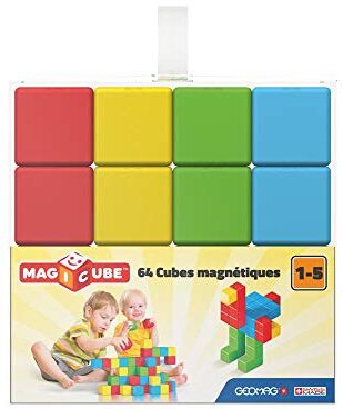 Geomag MAGICUBE 64 Pezzi Blocchi Magnetici per Bambini dai 12 Mesi Giocattolo di Costruzione in 3D 4 Colori Gioco Educativo Montessori Costruzioni Magnetiche Plastica 100% Riciclata