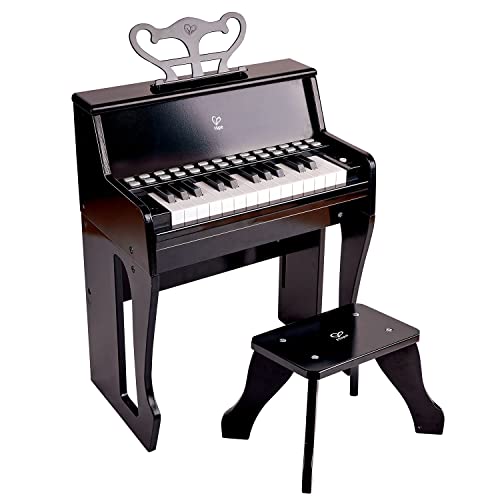 Hape Impara con le Luci Piano Nero con sgabello   Pianoforte elettrico alto 50 cm con tasti che si illuminano per bambini dai 3 anni