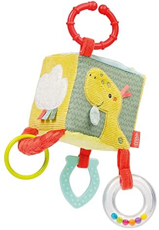 Fehn Cubo di attività motoria Happy Dino di  cubo di attività motoria per bambini da appendere a carrozzine, lettini e marsupi cubo di attività per neonati e bambini da 0+ mesi