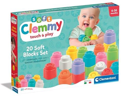 Clementoni - Soft Confezione 20 Set Costruzioni Prima Infanzia, Mattoncini Morbidi Clemmy, Blocchi Bambini 6 Mesi, Gioco Sensoriale, Impilabili E Lavabili, Made in Italy, Multicolore,