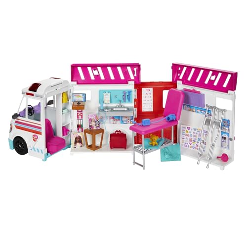 Barbie Playset Ambulanza, veicolo di primo soccorso con luci, suoni e 20+ accessori, giocattolo per bambini, 3+ anni,
