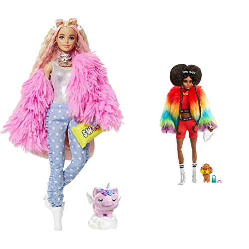 Barbie Extra n.3 Bambola Snodata con Pelliccia Rosa e Maialino-Unicorno 15 Accessori Look Fashion con Ciocche Rossa & Extra Bambola Afroamericana con Cucciolo, Vestiti alla Moda e 10 Accessori