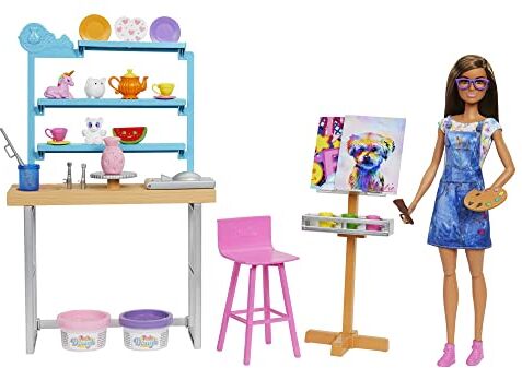 Barbie Relax And Create Atelier Playset con Bambola e Plastilina per Vasi e Pittura 25+ Accessori Alta 29 cm Regalo per Bambini 3-7 Anni, HCM85