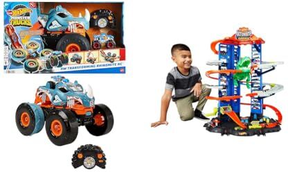 Hot Wheels Monster Trucks Rhinomite Trasformabile Radiocomandato in scala 1:12 & City Robo T-Rex Ultimate Garage Modalità multigiocatore a più livelli