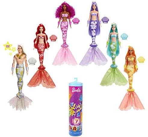 Barbie Sirena Color Reveal Bambola Sirena Arcobaleno Copertura Blu Metallizzata Effetto Cambia Colore 7 Sorprese Regalo per Bambini 3+ Anni