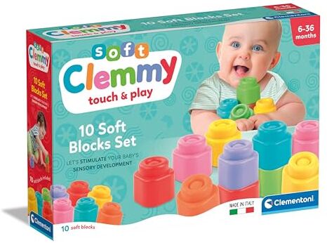 Clementoni Mattoncini Costruzioni Morbide Soft Clemmy, Set 10 Mattoncini di Gomma Prima Infanzia per Bambini 6 Mesi, Gioco Sensoriale Impilabile e Lavabili, Made In Italy,