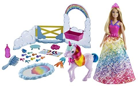 Barbie Dreamtopia Playset Unicorno con  Royal, unicorno con effetto cambia-colore e 18 accessori, regalo per bambini da 3 a 7 anni,