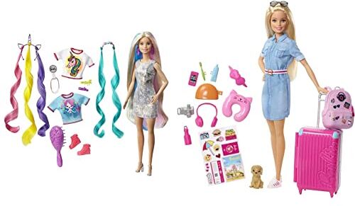 Barbie In Viaggio, Bambola Bionda Con Cucciolo, Valigia Che Si Apre, Adesivi E Accessori, Giocattolo Per 3+ Anni & Bambola Capelli Fantasia A Tema Unicorni E Sirene Con Accessori, Giocattolo Per 3+