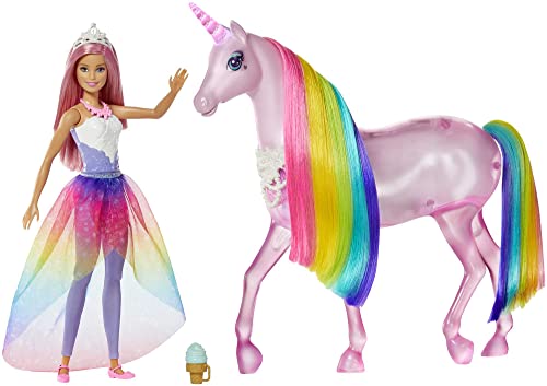 Barbie Dreamtopia Bambola  Pricipessa con Capelli Rosa e Unicorno Magico con Criniera Arcobaleno, Luci, Suoni e Oltre 25 Funzoni, Giocattolo per Bambini 3+ Anni,