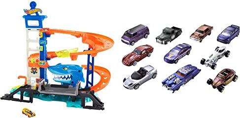 Hot Wheels City Set Super Squalo Playset con 1 macchinina , pista a tema nemesi, si collega ad altri playset, HDP06 & Set Macchinine da 10 Veicoli in Scala 1:64, 54886