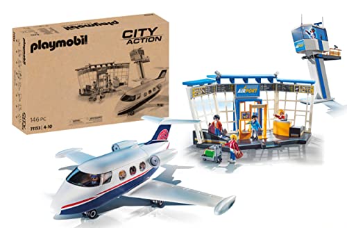 Playmobil City Action  Aeroporto con Aeroplano e Torre, Con Scatola di Cartone Reversibile 2 in 1 per un Imballaggio Sostenibile, Giocattolo per Bambini dai 4 anni in su, In Esclusiva per Amazon