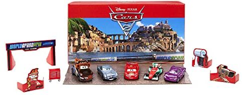 Disney Confezione da 5 Veicoli in Assortimento, Set di 5 Macchinine Personaggi Cars da Collezione con Accessorio Ispirati al World Grand Prix, Giocattolo per Bambini 3+,