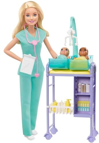 Barbie Carriere Playset Pediatra Bambola, 2 Neonati e Accessori, Giocattolo per Bambini 3+ Anni,