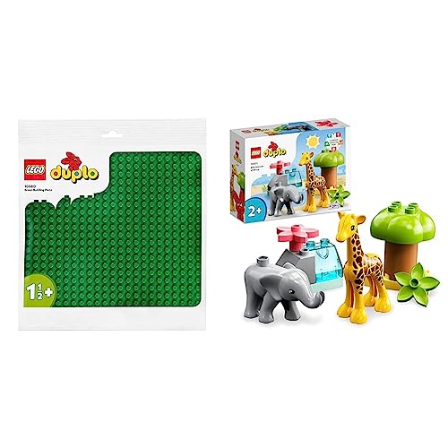 Lego 10980 DUPLO Base Verde, Tavola Classica per Mattoncini, Piattaforma Giocattolo & 10971 DUPLO Animali dell’Africa, Giochi Educativi con Animali Giocattolo