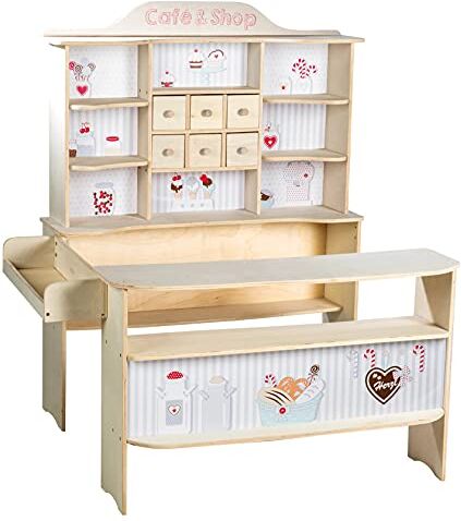 roba Negozio Giocattolo per Bambini Café e Shop 6 Cassetti e Accessori Inclusi Bancone Laterale e Bancone con Cassa Stand di Vendita Legno Naturale e Laccato Bianco