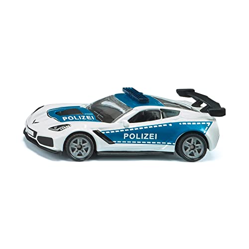 Siku , Auto della Polizia Chevrolet Corvette ZR1, Giocattolo della Polizia, Metallo e Plastica, Blu e Bianco, Cofano Apribile
