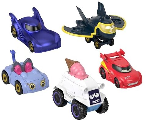 Fisher Price DC Batwheels Set da 5 macchinine in scala 1:55, include Bam Batmobile, Redbird, Kitty, Snowy e Batwing, veicoli die-cast da collezione, giocattolo per bambini, 3+ anni,