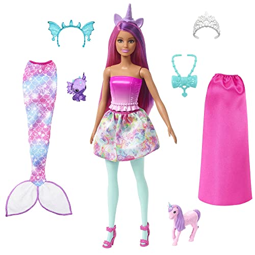 Barbie Dreamtopia Chelsea Set Dreamtopia 2023, Indossa una gonna con tante stelline abbinata a cerchietto e coda da unicorno, Con 3 diverse aree gioco, Giocattolo per Bambini 3+ Anni, HLC27