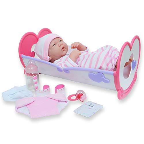 JC TOYS Bambola La Newborn appena nata da 36 cm, in vinile morbido, include lettino a dondolo e 7 accessori, rosa, disegnata in Spagna da Berenguer, 2 anni