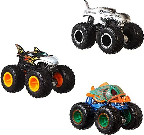 Hot Wheels Monster Trucks Confezione da 3 Monster Truck Creature Fantastiche in scala 1:64, Shark Wreak, Piran-ahh e Mega Wrex, Giocattolo e regalo per Bambini 3+ Anni,  [Esclusivo Amazon]