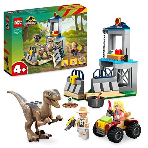 Lego Jurassic Park La Fuga del Velociraptor, Dinosauro Giocattolo per Bambini e Bambine dai 4 Anni in su, Set con Dino, Auto Fuoristrada e 2 Minifigure