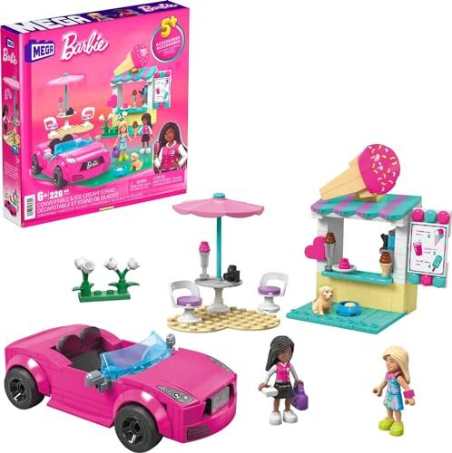 Barbie MEGA  Cabrio e Chiosco dei Gelati, playset rosa da costruzione con 225 pezzi, 2 mini bambole, 1 cagnolino e tanti accessori alla moda inclusi, giocattolo per bambini, 6+ anni,