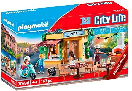 Playmobil City Life , Pizzeria con tavoli all'aperto, Con effetti luminosi, Dai 4 anni