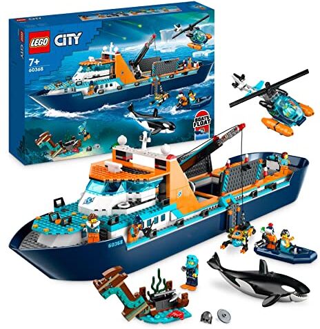 Lego City Esploratore Artico, Grande Nave Giocattolo Galleggiante con Elicottero, Gommone, Sottomarino, Relitto Barca Vichinga, 7 Minifigure e un'Orca, Regalo per Bambini e Bambine dai 7 Anni