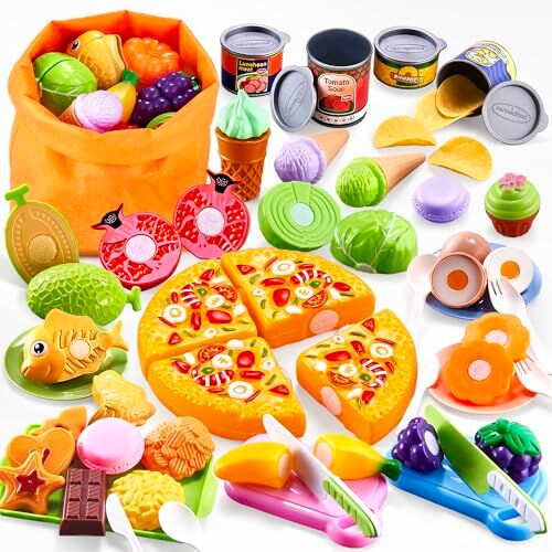 DawnReach Accessori Cucina Bambini,66 Pezzi Frutta e Verdura Giocattolo Cucina Giocattolo Per bambini con Pizza,Gelato,Cibo Giocattolo per Bambini,Frutta da Tagliare Giocattolo,Regalo Bambino 3 Anni