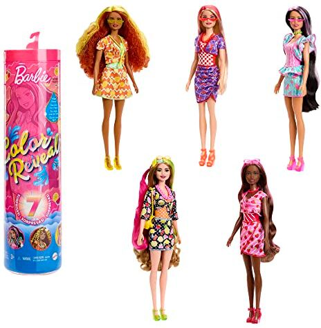 Barbie Color Reveal Serie Dolci Frutti, Bambola profumata con 7 sorprese Cambia-Colore e Accessori, Giocattolo per Bambini, 3+ Anni,