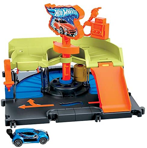 Mattel Hot Wheels Autolavaggio Express della City, playset collegabile a piste con rullo in schiuma e alette di asciugatura, macchinina Hot Wheels inclusa, giocattolo per bambini, 4+ anni,