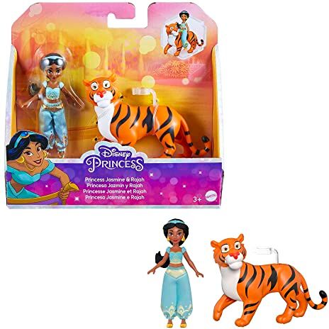 Mattel Disney Princess Bambola Disney Principessa Jasmine e Rajah, bambola piccola ispirata al film Disney Aladdin, Giocattolo per Bambini 3+ Anni,