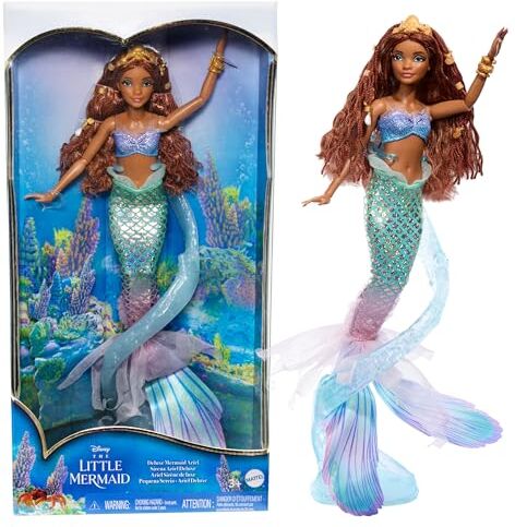 Mattel Disney La Sirenetta Ariel Sirena Deluxe, bambola con coda iridescente, top metallizzato, perline per i capelli, piedistallo a forma di vortice, giocattolo per bambini, 6+ anni,