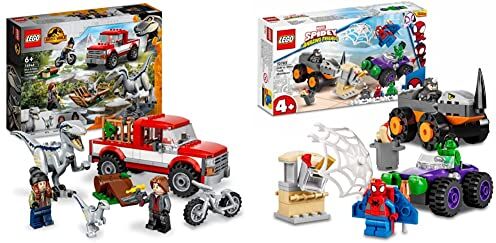 Lego 76946 Jurassic World La Cattura dei Velociraptor Blue e Beta, Dinosauri Giocattolo, Camion e Moto & 10782 Marvel Spidey e i Suoi Fantastici Amici Resa dei Conti tra Hulk e Rhino