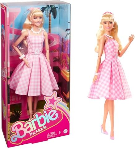 Barbie The Movie Margot Robbie, Bambola del Film Collezione con Abito Vintage a Quadretti Rosa e Bianco e Collana con Margherita, Giocattolo per Bambini, 3+ Anni,