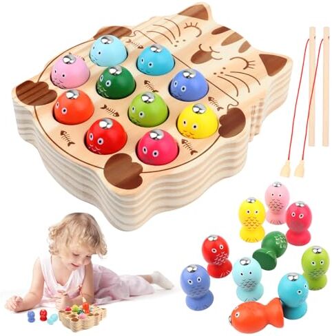 VFANDV Giochi Bambini 2 Anni, Giochi di Pesca, 2 in 1 Giochi Montessori Magnetici di Pesca in Legno mit Pesci e Canne da Pesca, Giochi di Pesca per Bambini, Educativo Regalo Bambino per 2 3 4 5 Anni