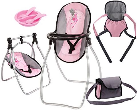 Bayer Design ; Seggiolino per bambole, marsupio, borsa, imbracatura in plastica, accessori per bambole, Rosa tenue/grigio con fata