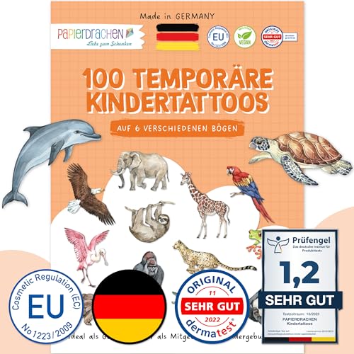 PaPIerDraCHeN 100 tatuaggi per bambini particolarmente delicati sulla pelle – tatuaggi animali del mondo – come regalo di compleanno – 100% vegano, testati e realizzati in Germania – Set 26