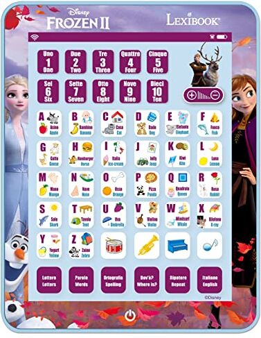 Lexibook - Touchscreen ed Effetti sonori Frozen, Tablet bilingue per Imparare Lettere, Numeri, vocabolario e Musica, Lingue Italiano/Inglese, Blue