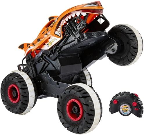 Hot Wheels Monster Trucks Tiger Shark l'Inarrestabile Veicolo Radiocomandato, fuoristrada 4x4 radiocomandato, Giocattolo per Bambini 4+ Anni,