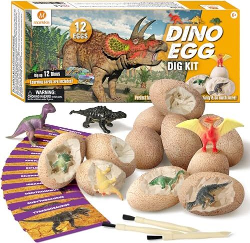 morkka Kit di Scavo di Uova di Dinosauro 12 Pezzi, Scopri 12 Diversi Dinosauri, Giocattolo Festa di Pasqua STEM Giocattoli Educativi di Apprendimento per 6,7,8,9 Anni Ragazzi Ragazze Bambini Regalo